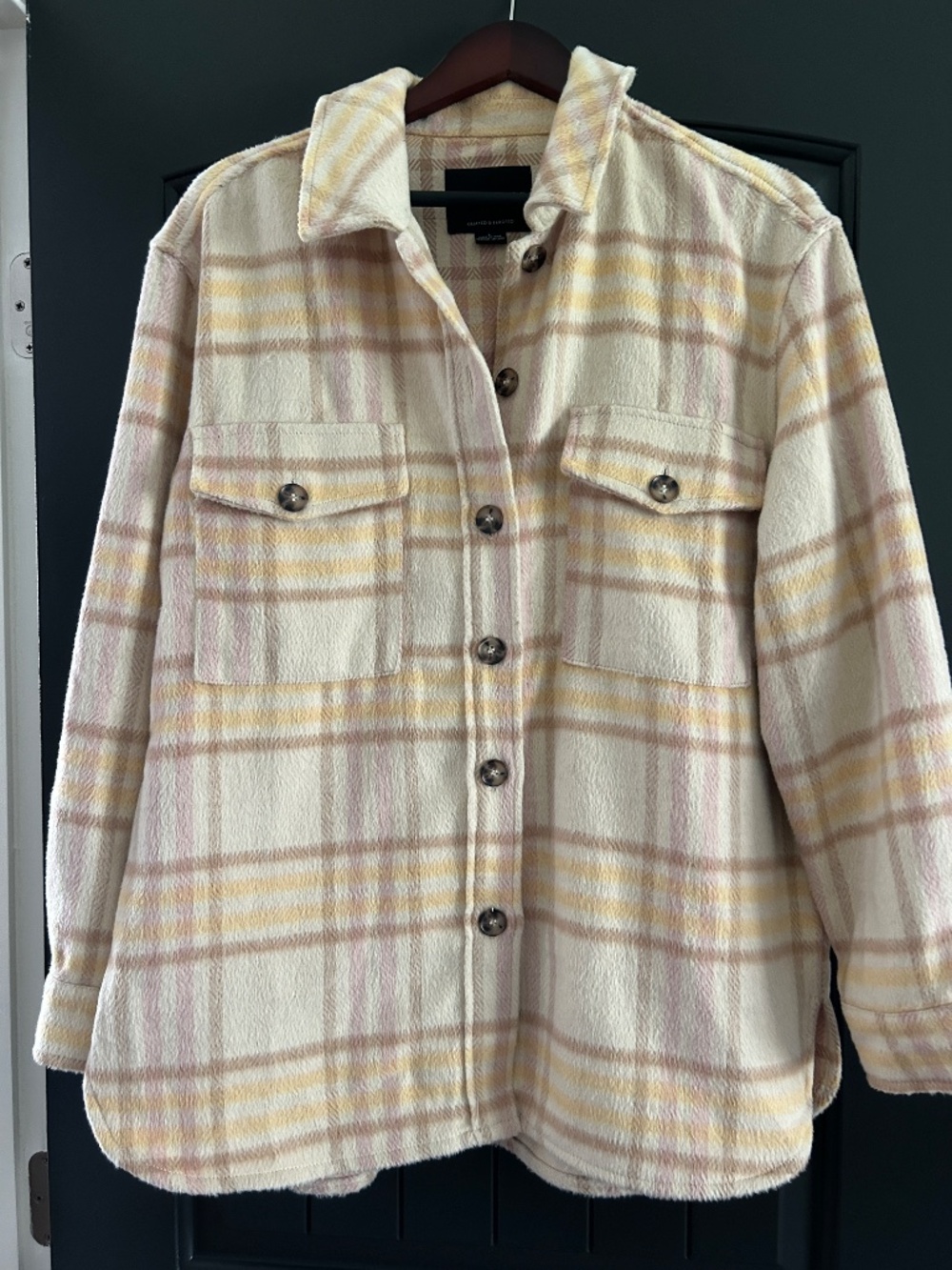 Sanctuary Women's Plaid Shirt Jacket Shacket Cream Tan Pink Size L